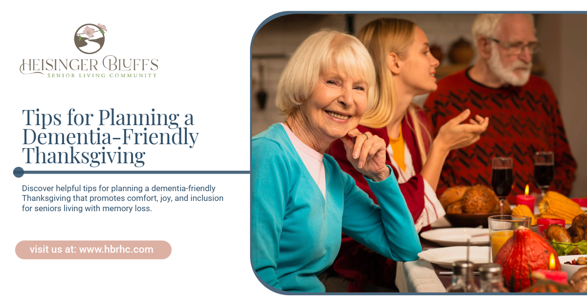 A senior with dementia smiling at a dinner table with family during Thanksgiving