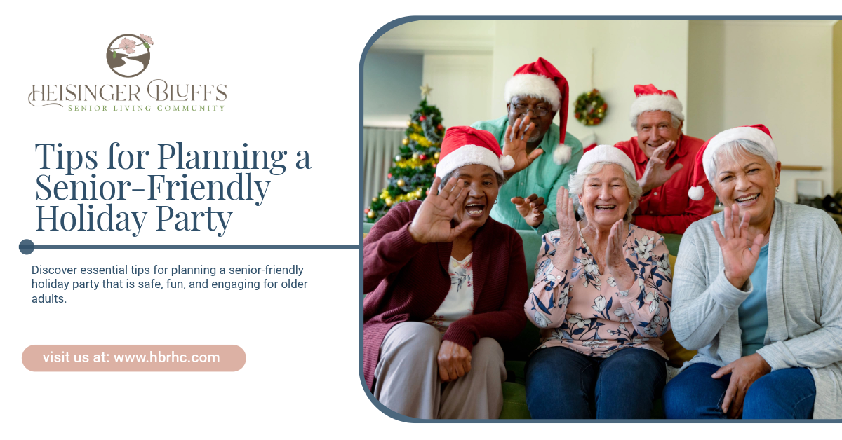 Seniors wearing Santa hats, waving at a holiday party.