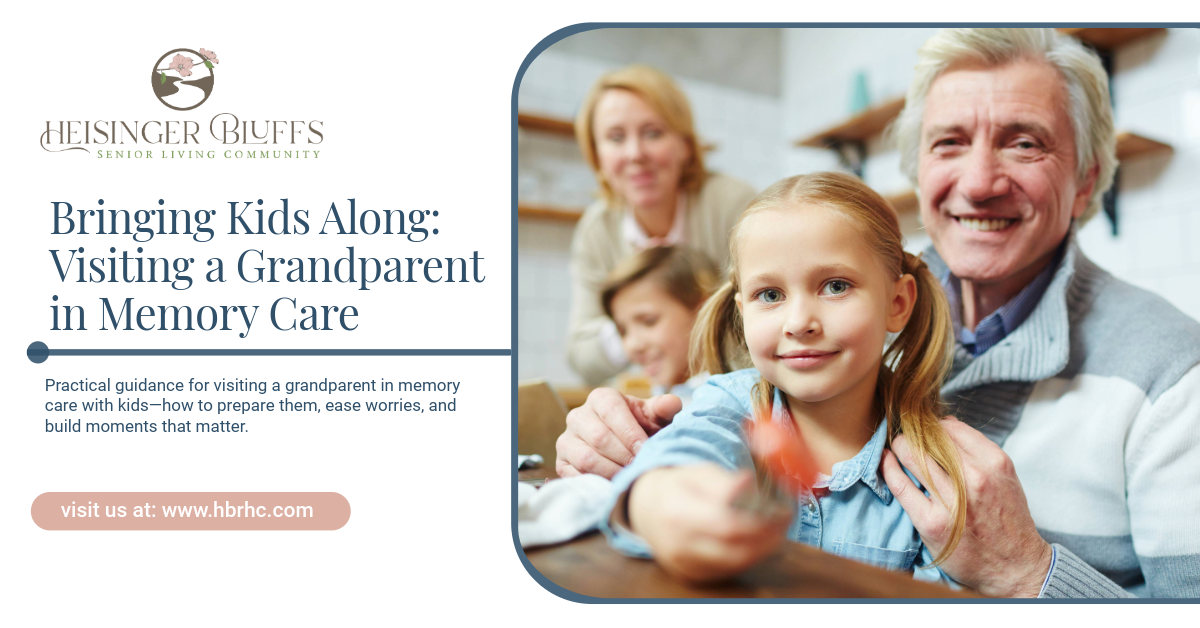Two grandchildren visiting their grandparents in memory care