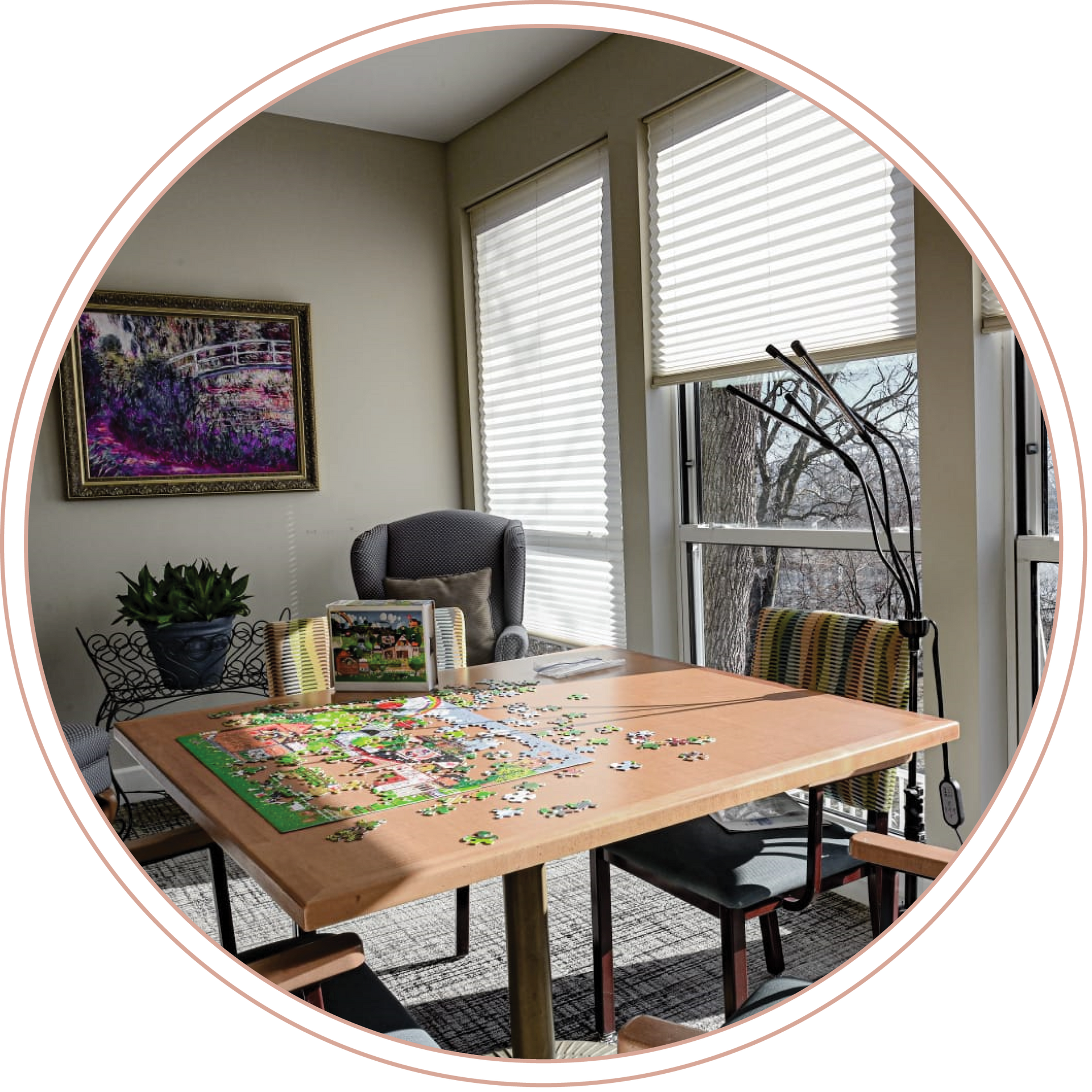A table with a puzzle on it in a living room