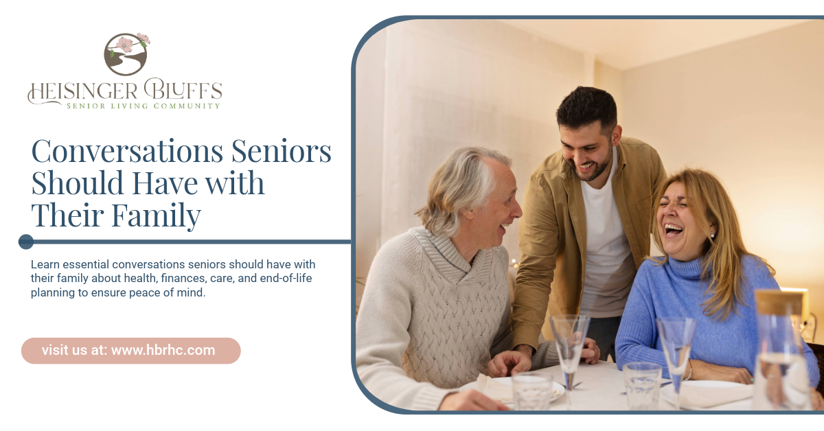 A senior happily talking with his family.