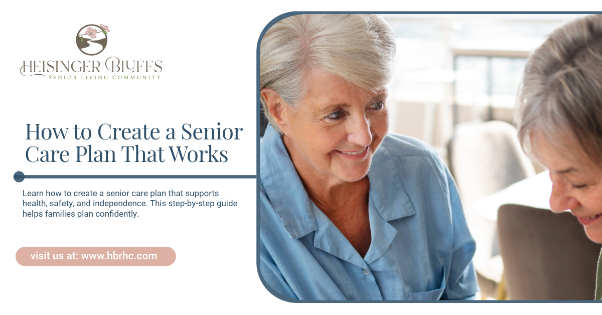 A senior woman looking at another senior woman while creating a senior care plan