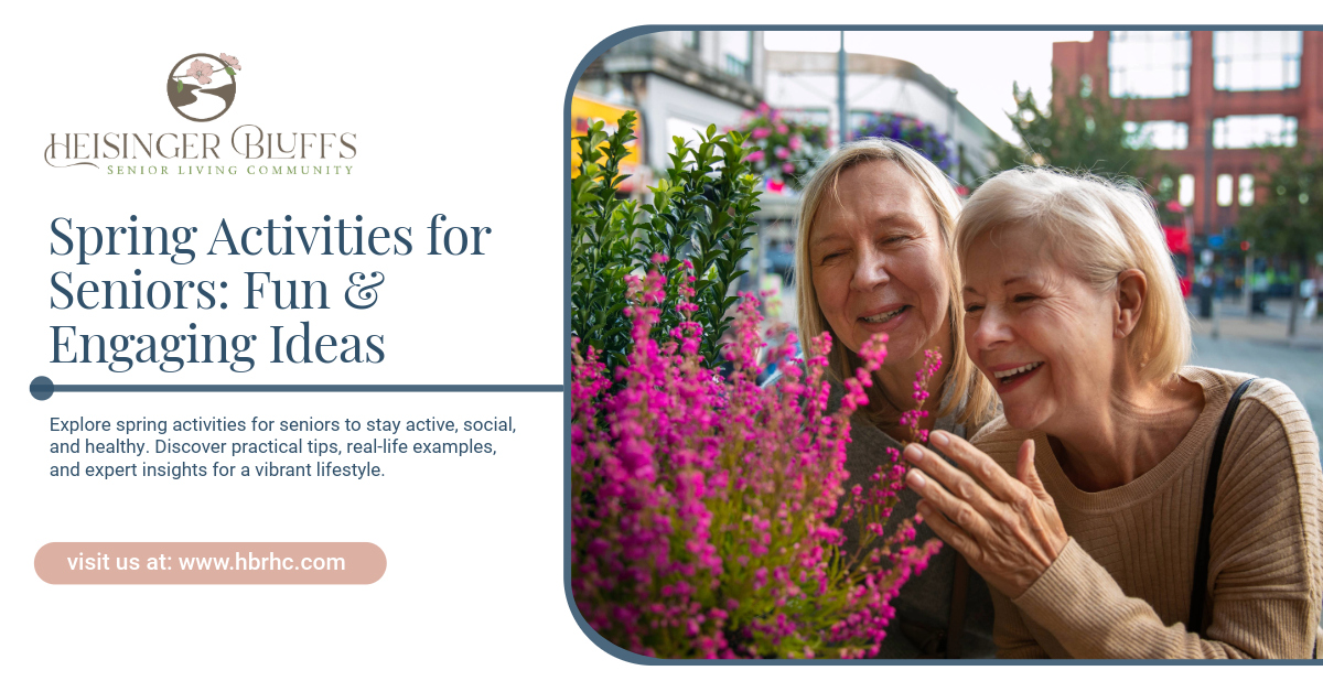 Two elderly women happily smelling flowers in springtime