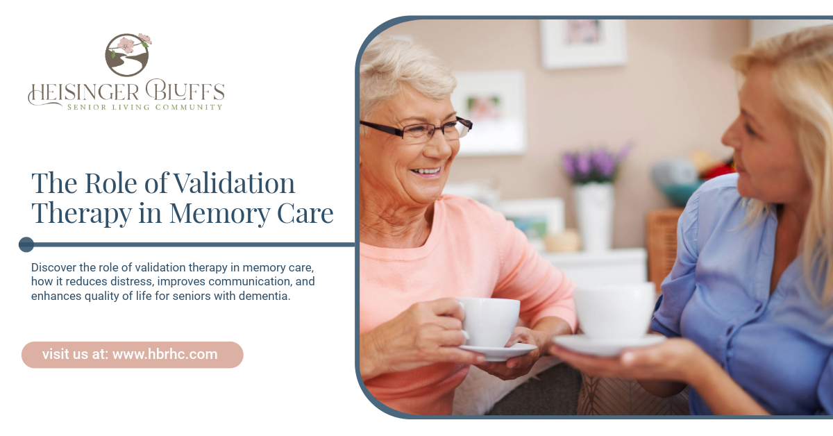 A senior with dementia drinking coffee with her validation therapist
