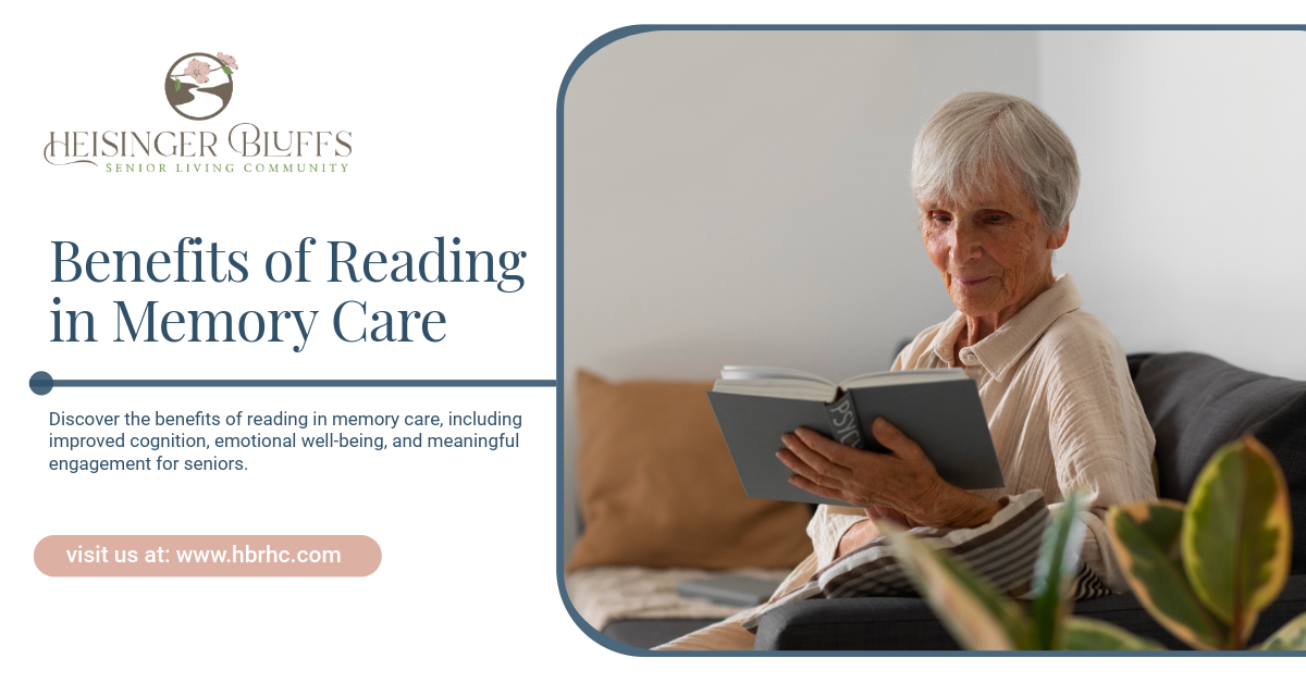 A memory care resident sitting on a couch while reading a book