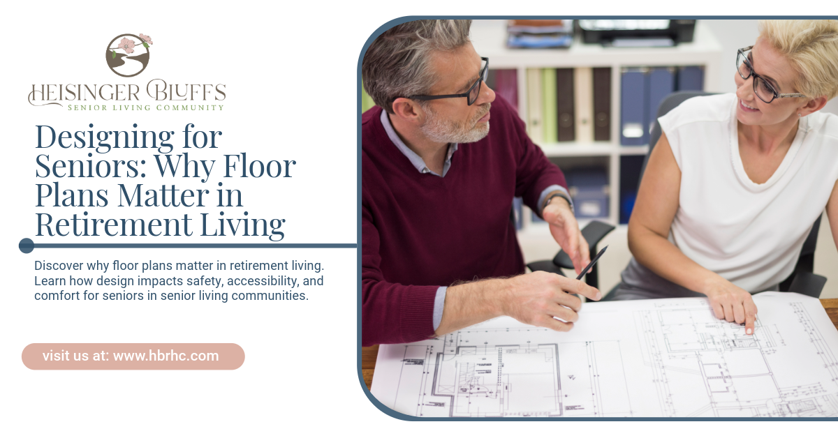 Two seniors choosing floor plans for a retirement community