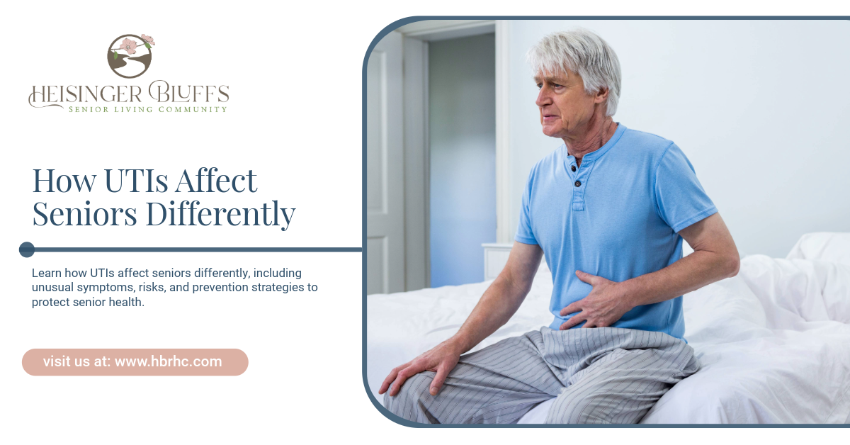 A senior with UTI sitting on his bed with his hand on his stomach