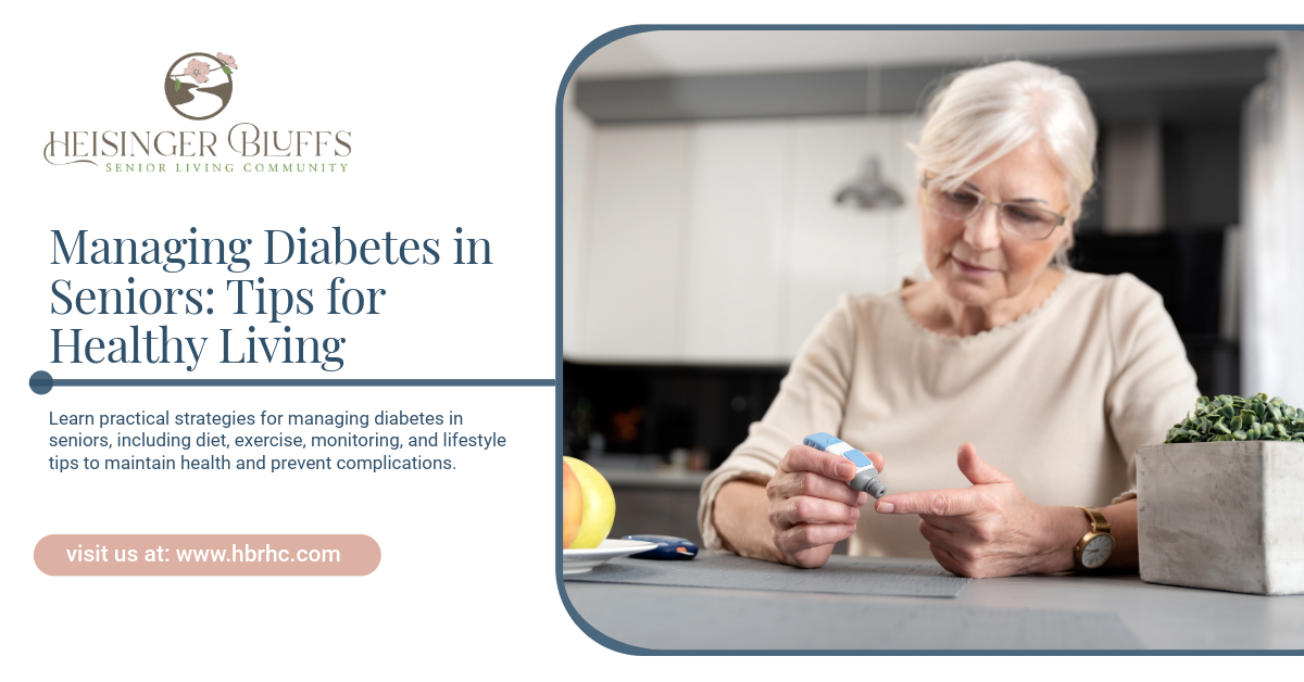 An elderly woman is testing blood sugar in the kitchen
