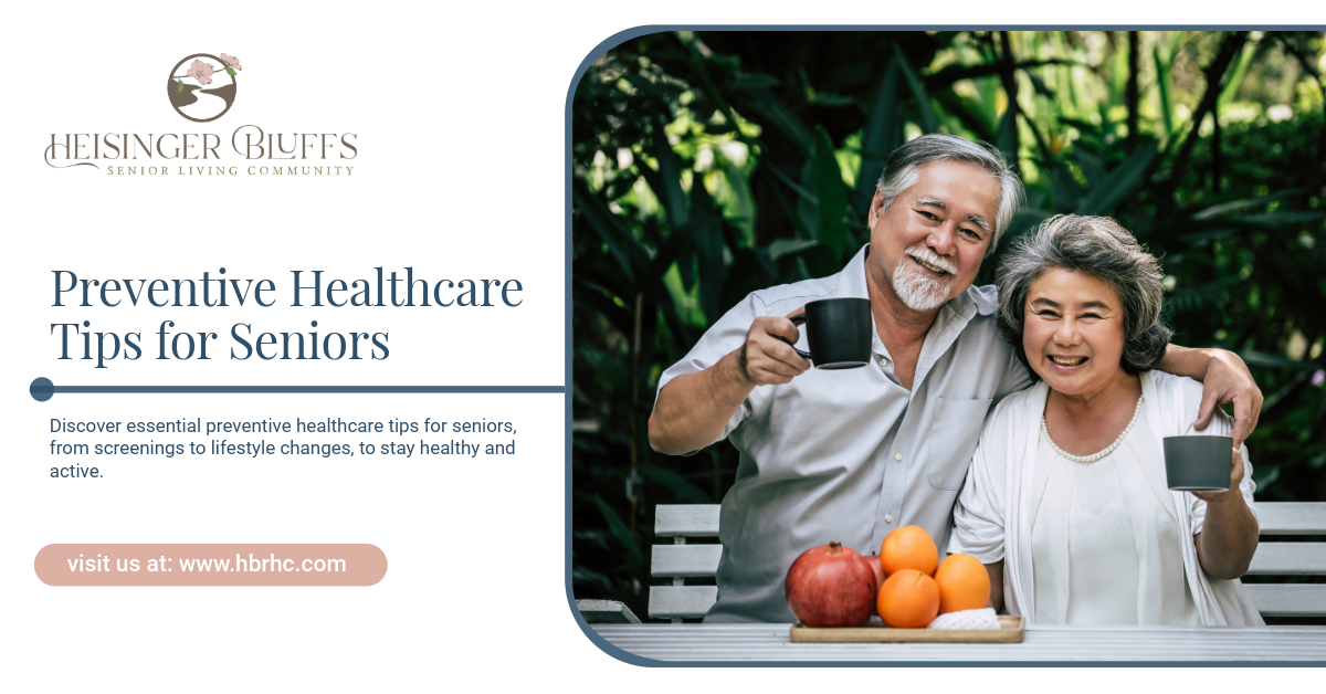 Smiling senior couple holding mugs, sitting outdoors with fruits.