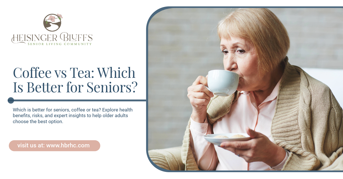 A senior sitting on a couch, drinking a cup of tea