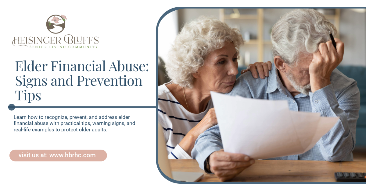 An elderly couple reviews paperwork with concerned expressions