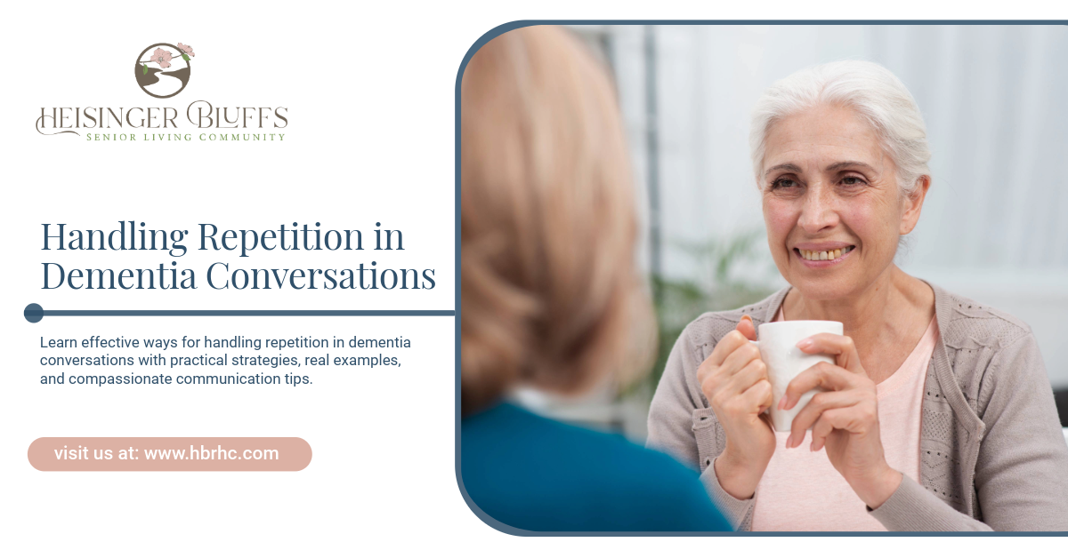 An elderly woman with dementia smiles while holding a mug in a conversation.