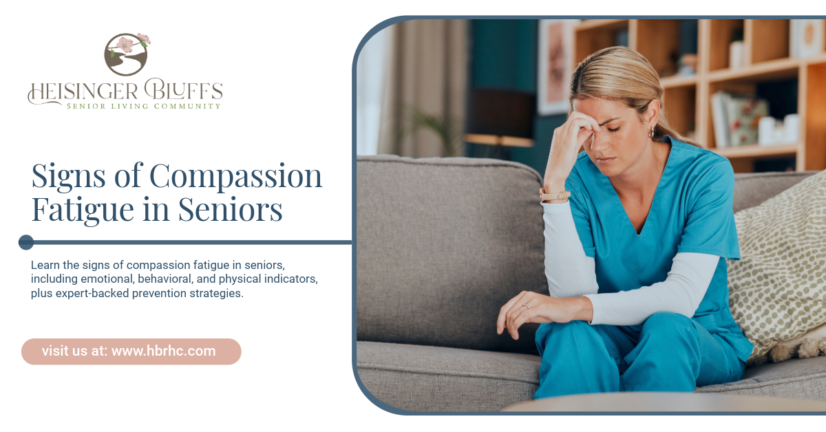 A caregiver sitting on a couch with her hand on her forehead, showing signs of compassion fatigue
