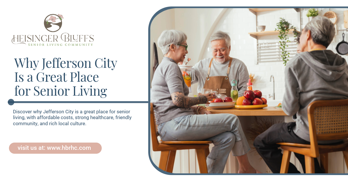 Smiling seniors chatting at a dining table in a bright senior living community in Jefferson City.