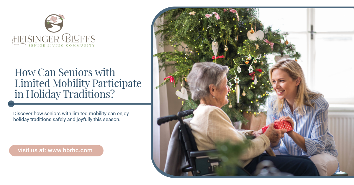 A woman gives a gift to a senior in a wheelchair near a decorated Christmas tree.