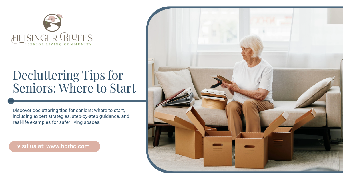 A senior sitting on a living room couch, decluttering