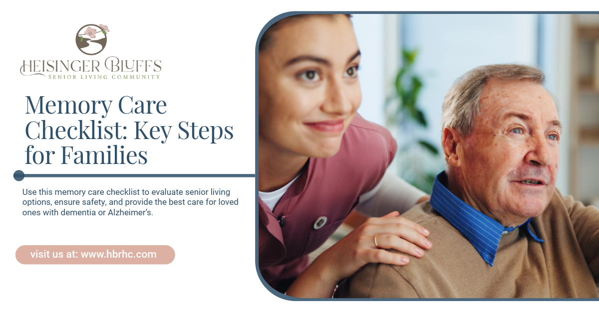 A caregiver smiling and placing a hand on an older adult’s shoulder.