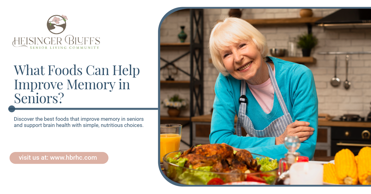 An elderly woman standing by a kitchen counter with healthy foods on it