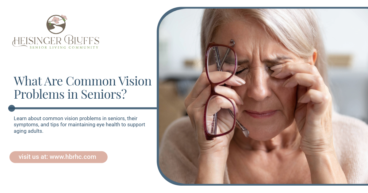 A senior holding glasses and rubbing their eyes.