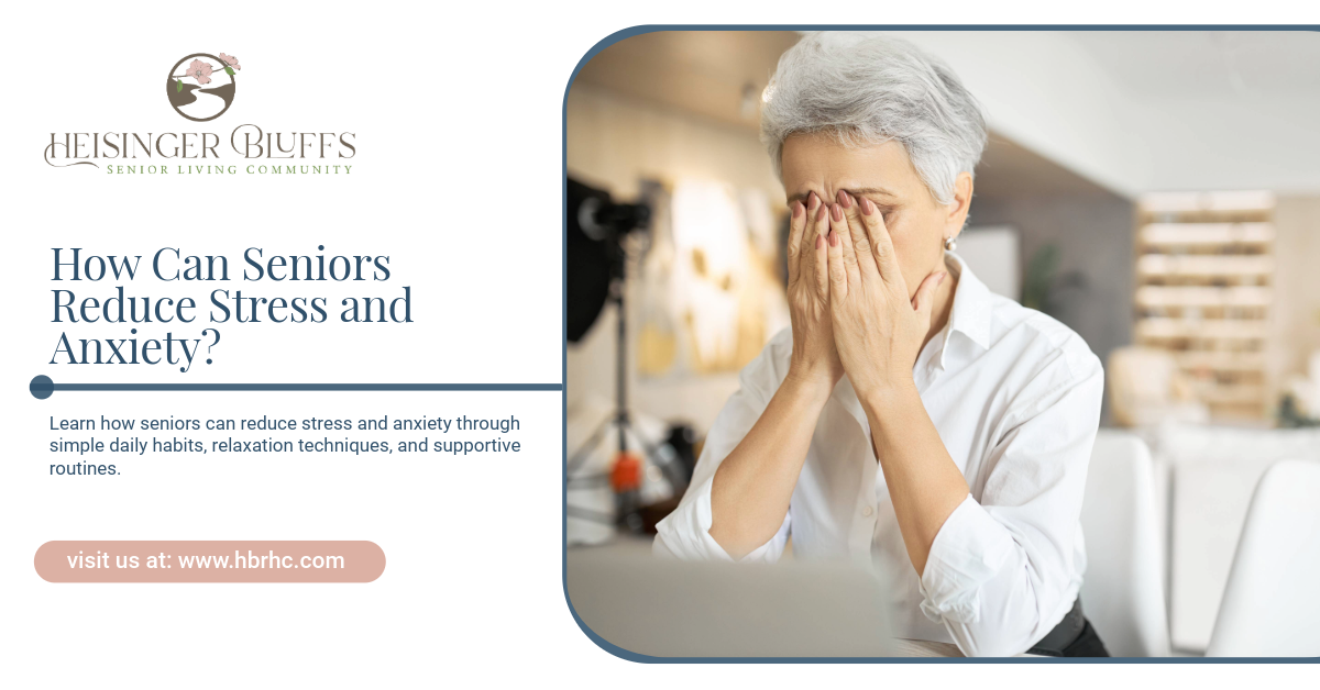 A stressed senior holding her face, sitting on a table
