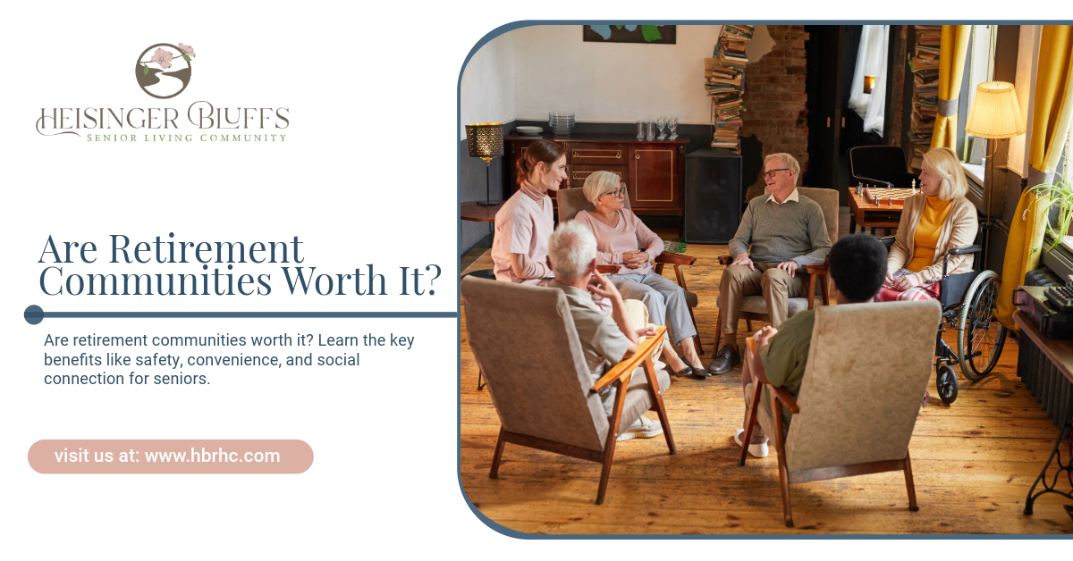 A group of elderly people is sitting in a circle in a retirement community