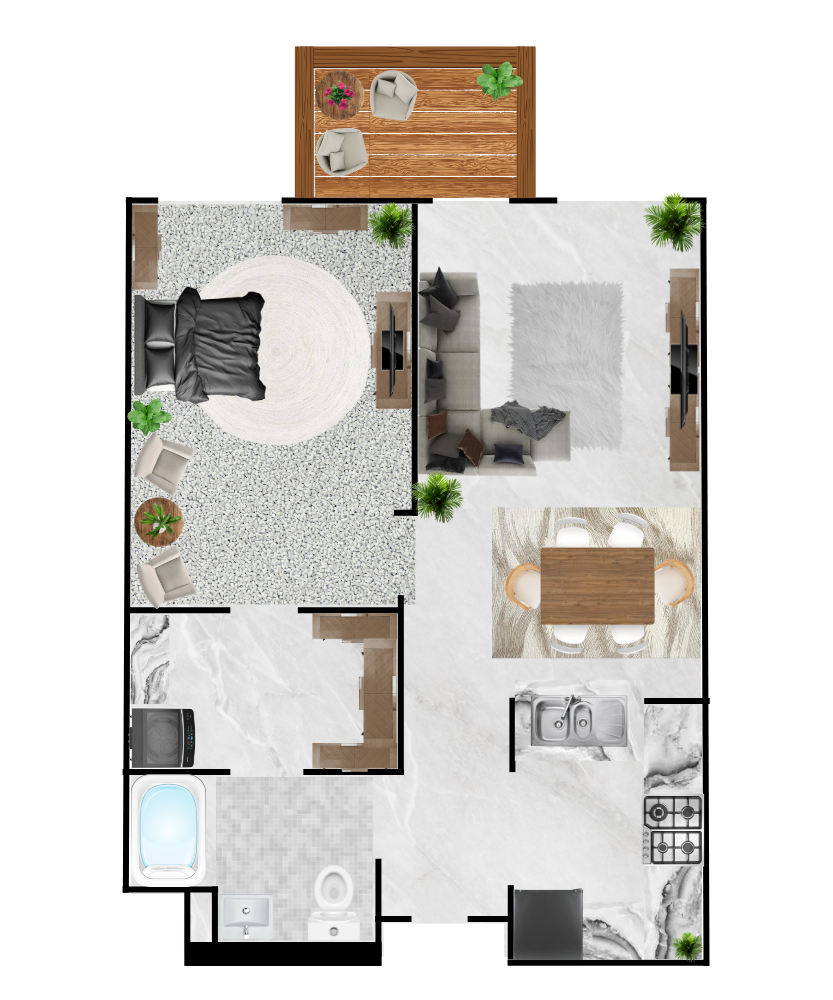 A floor plan of a house with a balcony