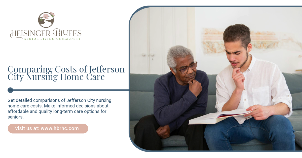 A senior with a caregiver checking & comparing the nursing homes costs in Jefferson City.