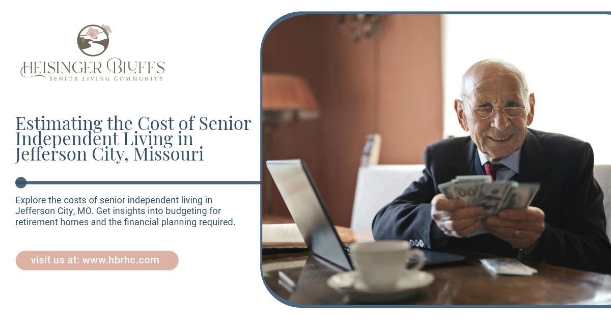 A senior smiling while holding money & checking costs of independent living in Jefferson City, MO.