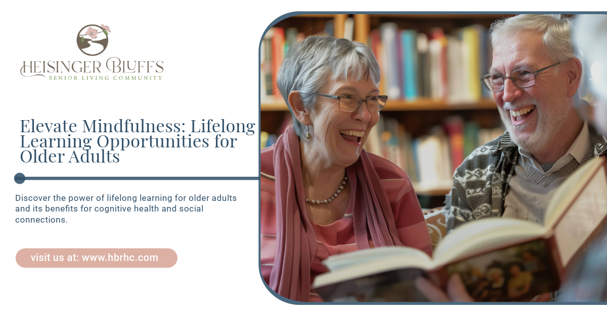 An elderly man and woman are laughing while reading books in a library.