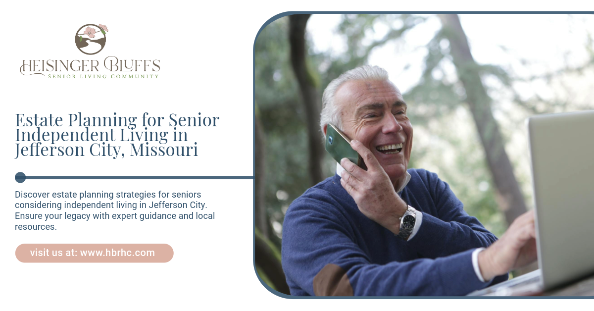A joyful senior man planning his estate outdoors for independent living in Jefferson City, MO.