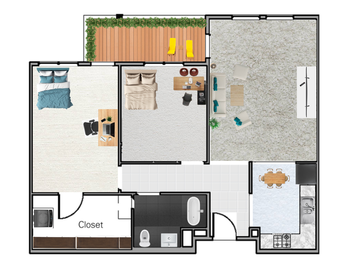 A floor plan of a house with a balcony