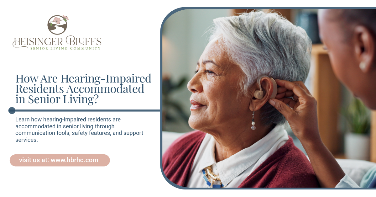 A woman in senior living is getting her hearing aid adjusted. 