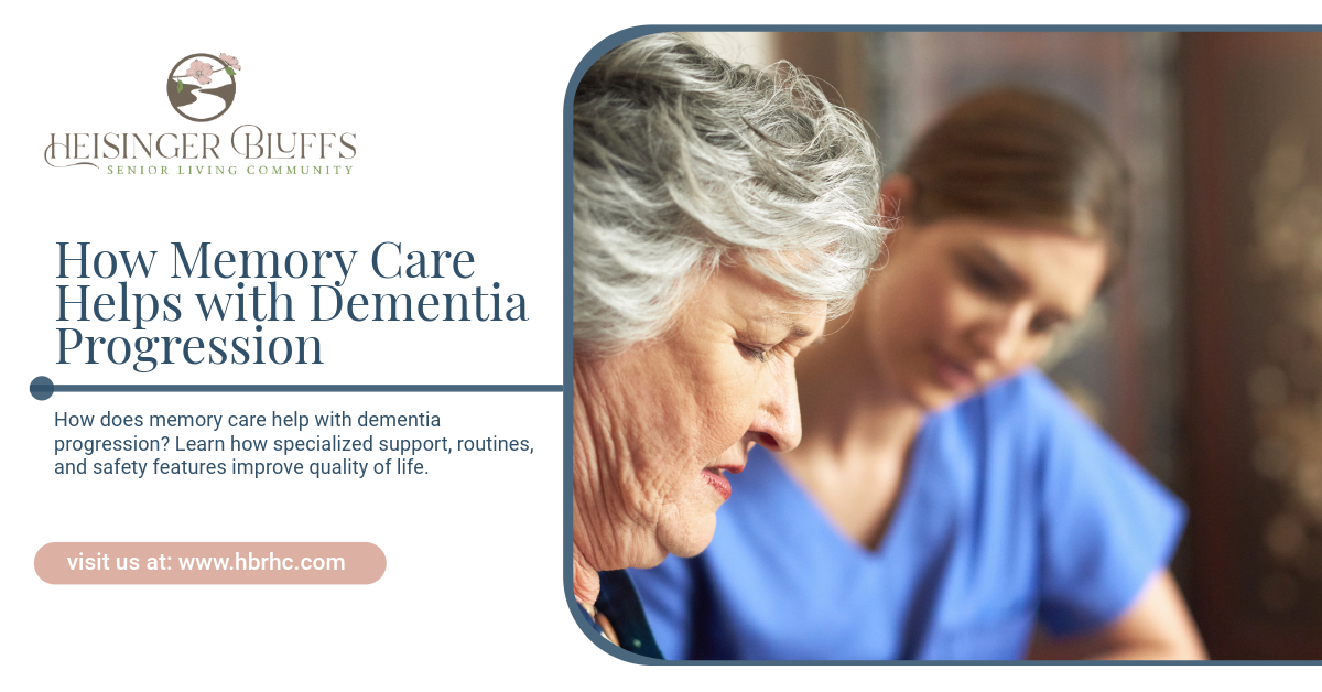 A memory  care staff member is talking to a dementia patient