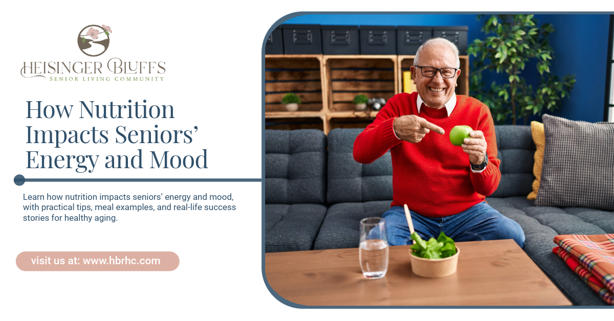 An older adult in a red sweater points at a green apple.