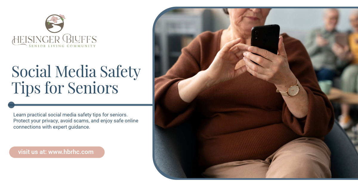 An elderly woman using social media on her phone.