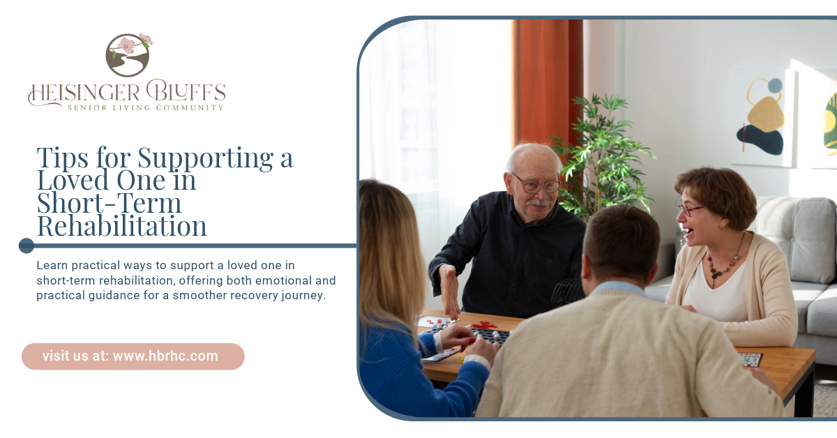 A family is visiting their loved one in a short-term rehabilitation.