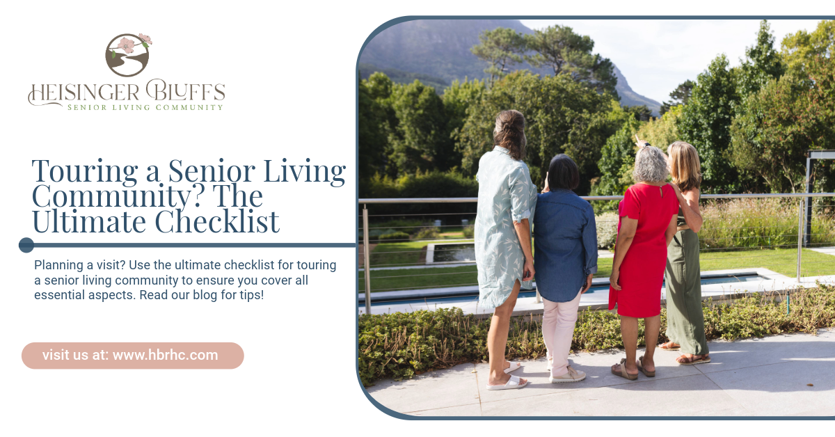 A group of elderly people is touring a senior living community