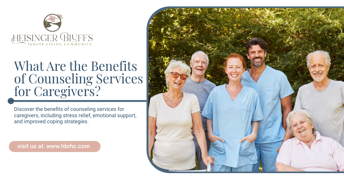 Group of caregivers and seniors smiling, promoting counseling services.