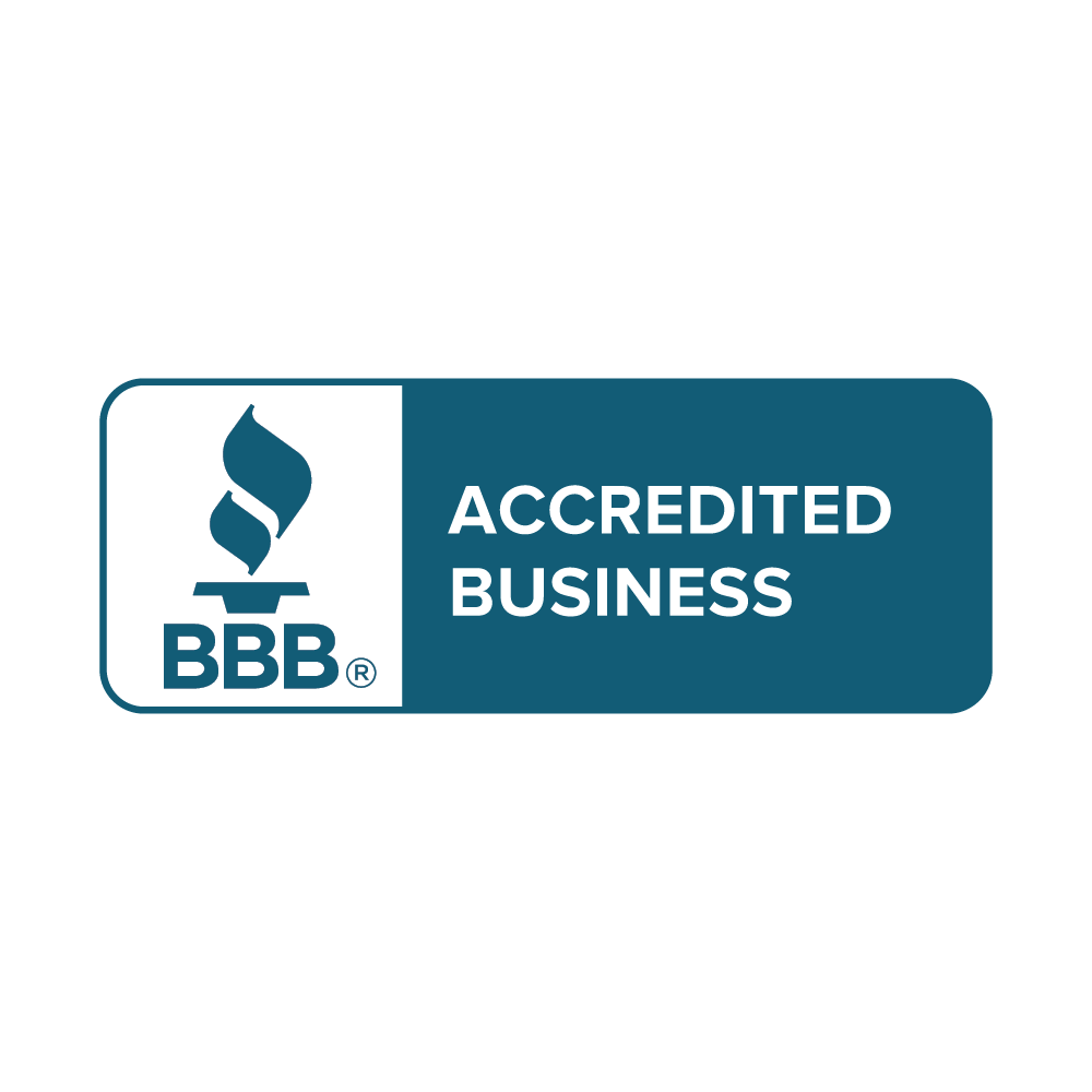 BBB Accredited Business badge with teal and white logo and text on a rounded rectangle background