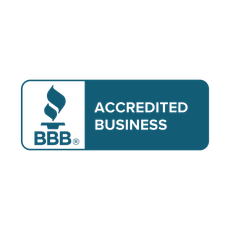 BBB Accredited Business badge with teal and white logo and text on a rounded rectangle background