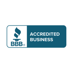 BBB Accredited Business badge with teal and white logo and text on a rounded rectangle background