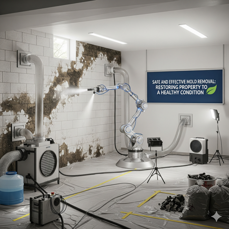 Robot sanitizing a mold-damaged basement. Sign says