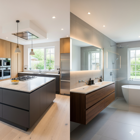 Newly modernized kitchen/bath. Features: island, wood cabinets, stainless appliances, vanity, and tub