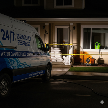 A flood response van outside a house at night, sandbags and equipment visible.