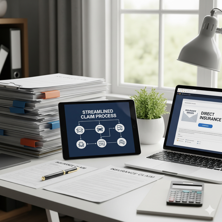 Desk with tablet showing streamlined claim processing, laptop with insurance page, documents, and a calculator.