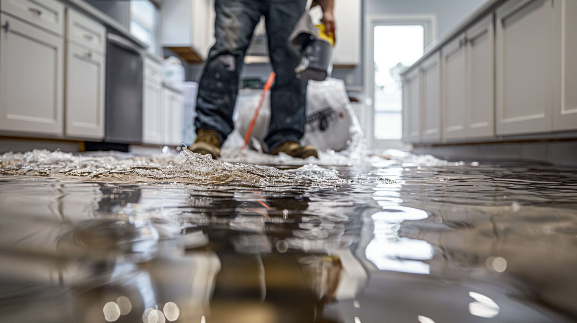 Flooded kitchen; worker in jeans standing amidst debris and water, holding a container.