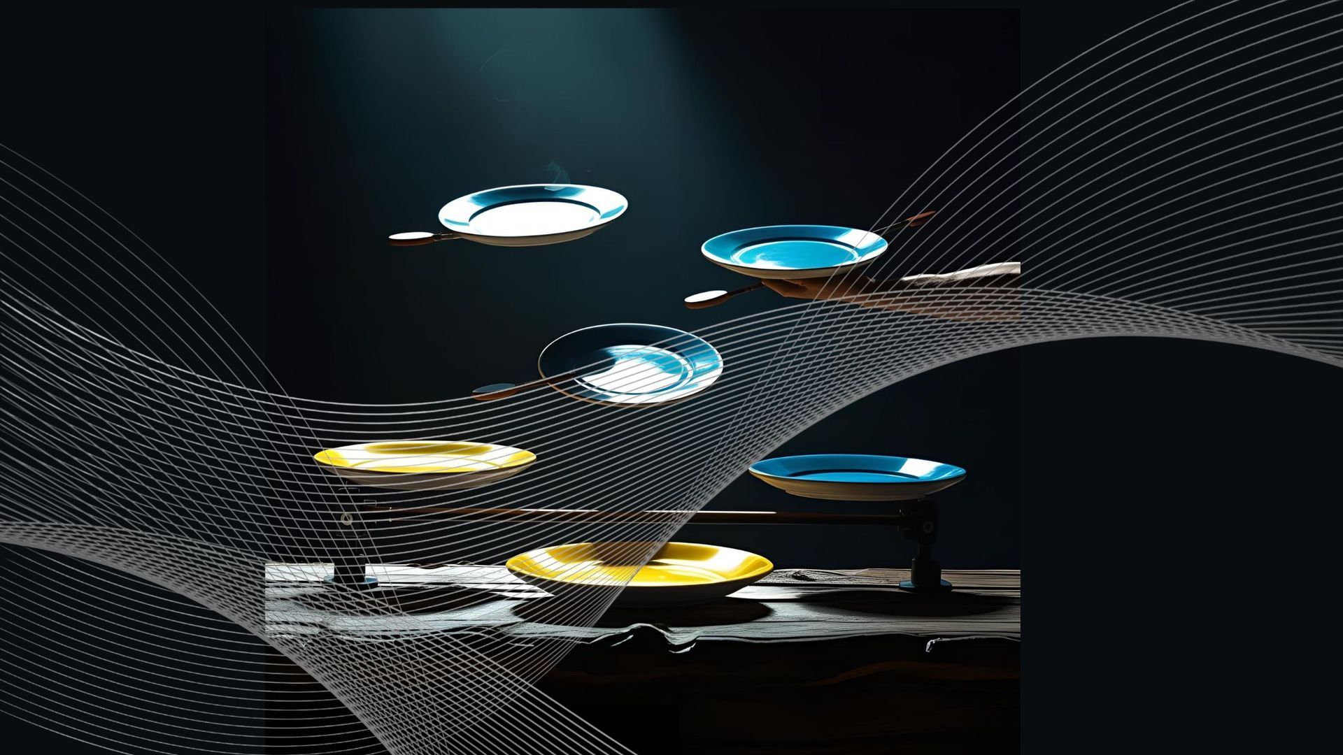 Floating, colorful glass bowls; yellow, blue, and clear on a dark background with wavy white lines.