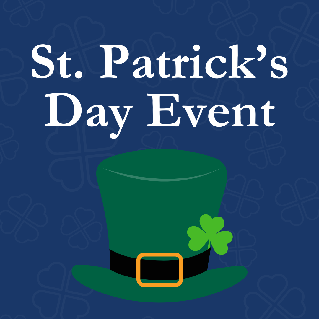 A green leprechaun hat with a clover on it and the words st. patrick 's day event
