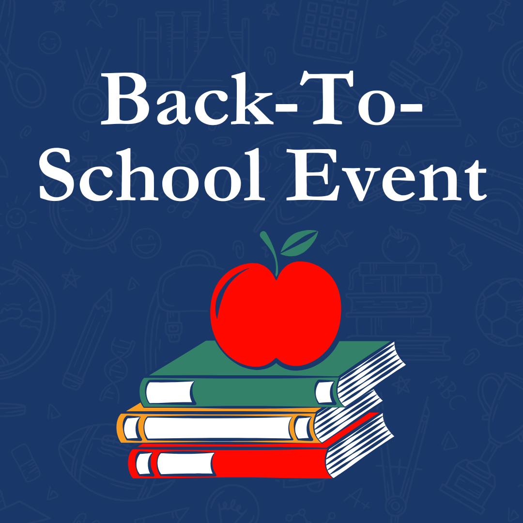 A stack of books with an apple on top and the words back-to-school event