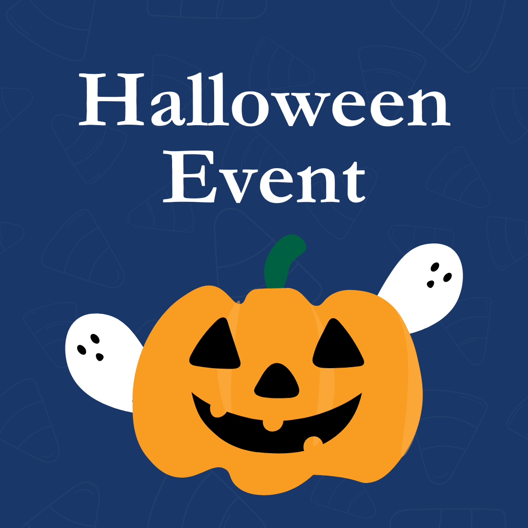A halloween event poster with a pumpkin and ghosts